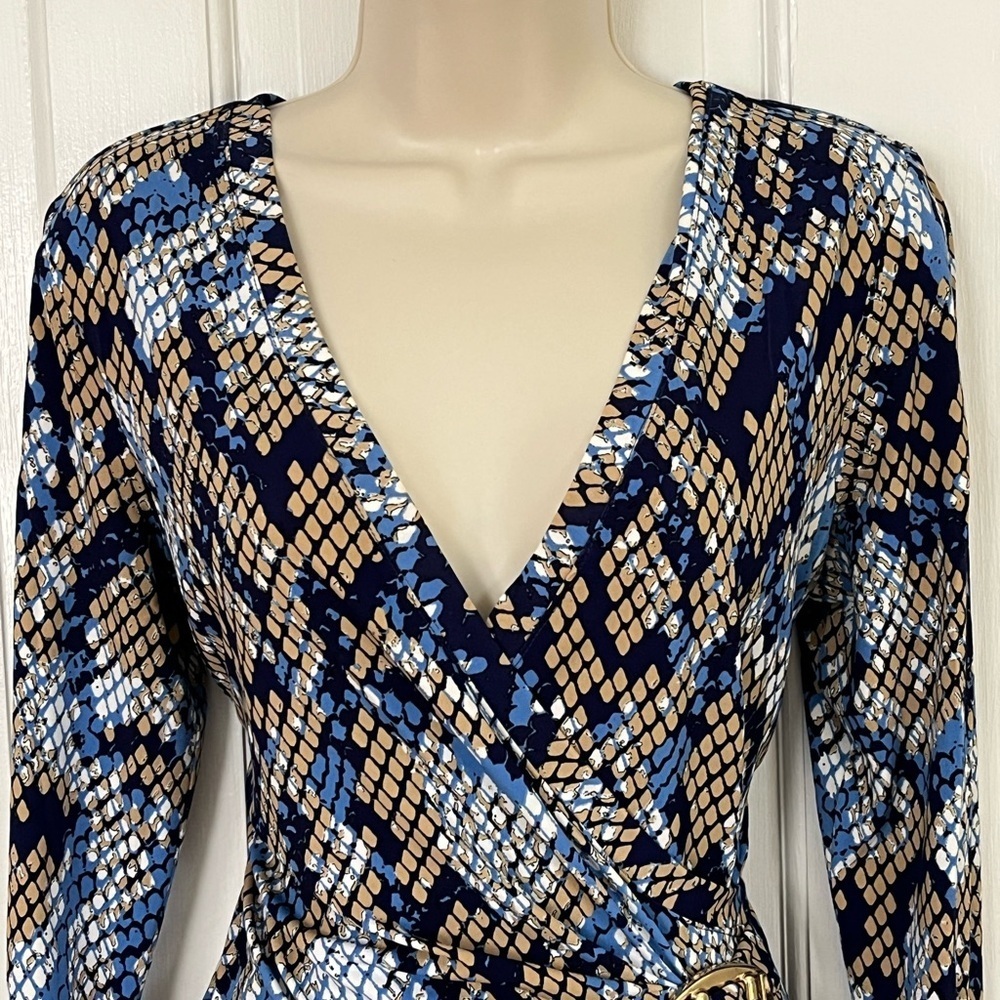 Cache Blue Tan Snake Print Faux Wrap Stretch Jers… - image 2